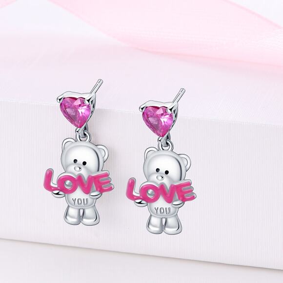 Sterling Silver Teddy Bear Heart Pink Zircon Drop Earrings - S925 - Picture 3 of 5